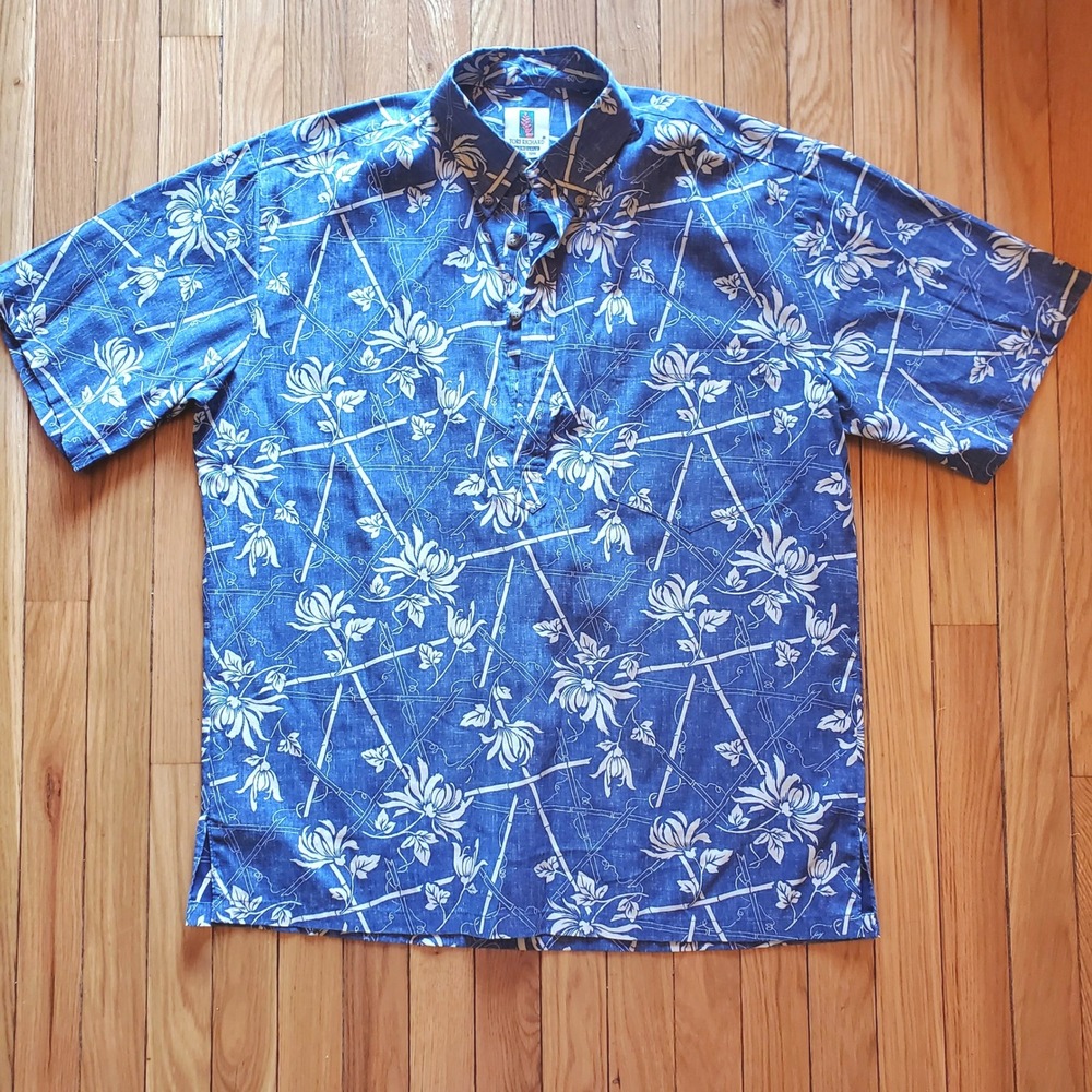 Tori Richard Mens Med. Blue Floral Bamboo Popover Hawaiian Shirt Made in Hawaii